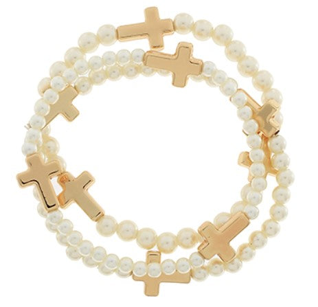 Gold Cross Pearl Bracelets (Set of 3)