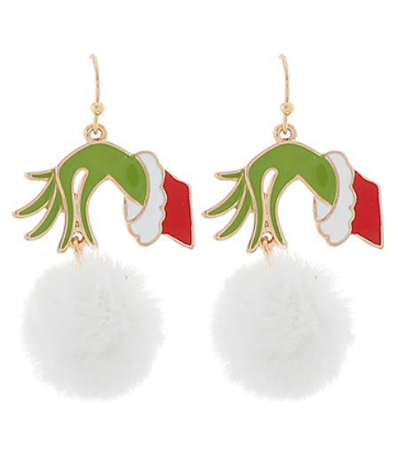 Grinch Hand & Fur Ball Earrings